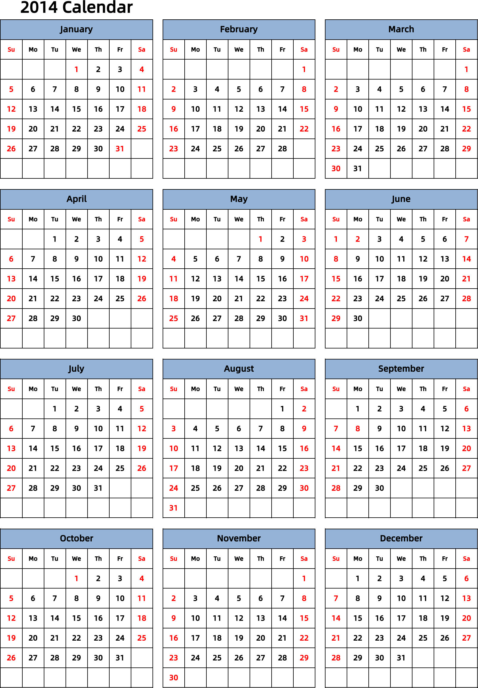 日历表2014年日历 英文版 纵向排版 周日开始 带节假日调休安排